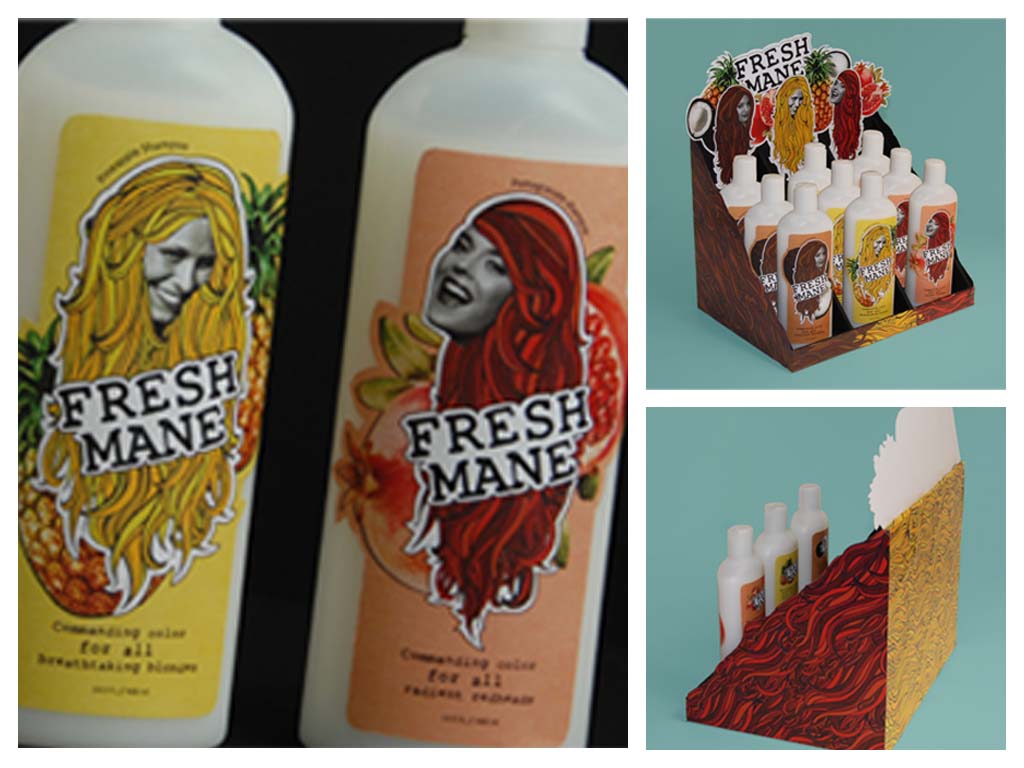work sample-Fresh Mane Shampoo packaging and display
